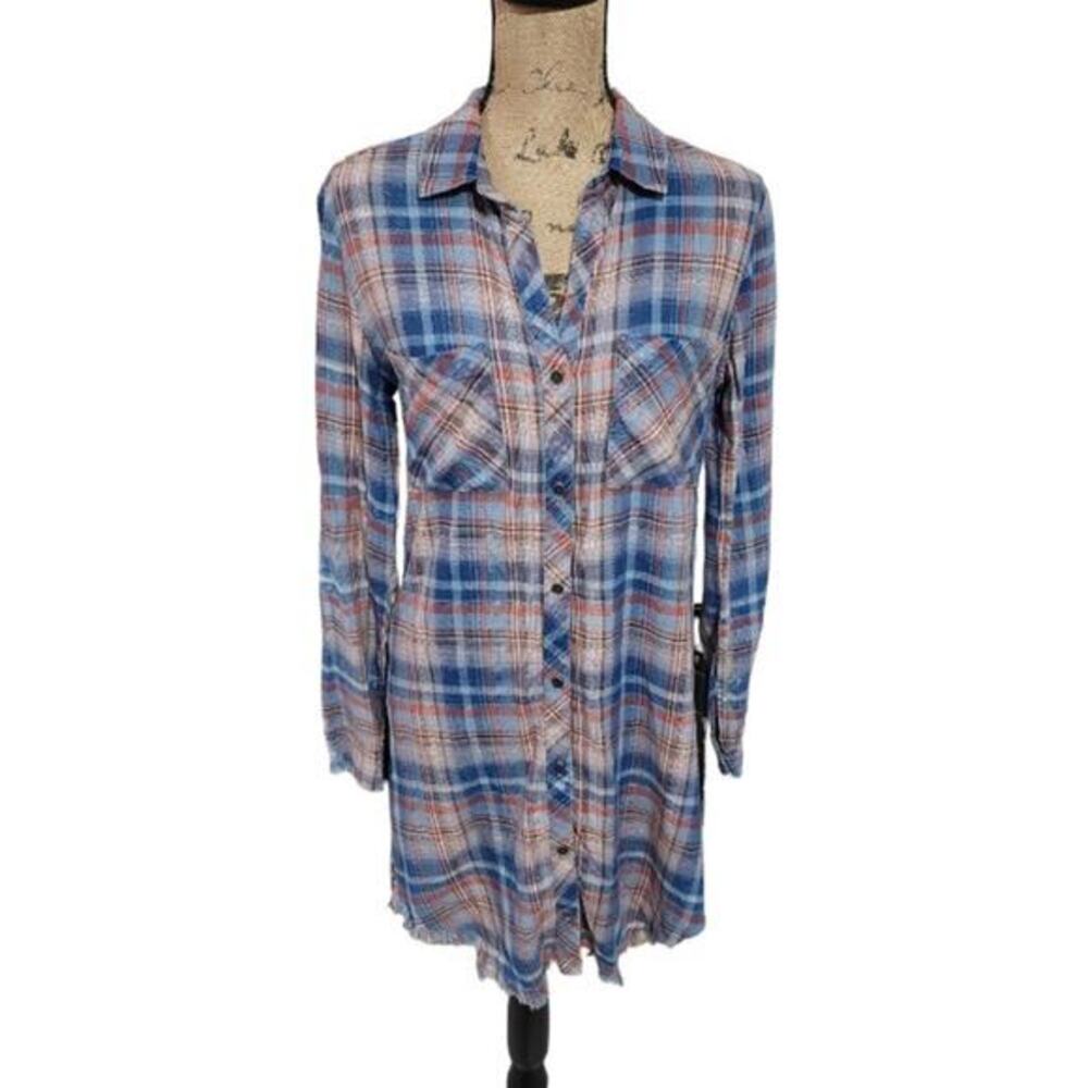 Anthropologie x Cloth & Stone Plaid Button Down Raw Hem Western Mini Dress XS
